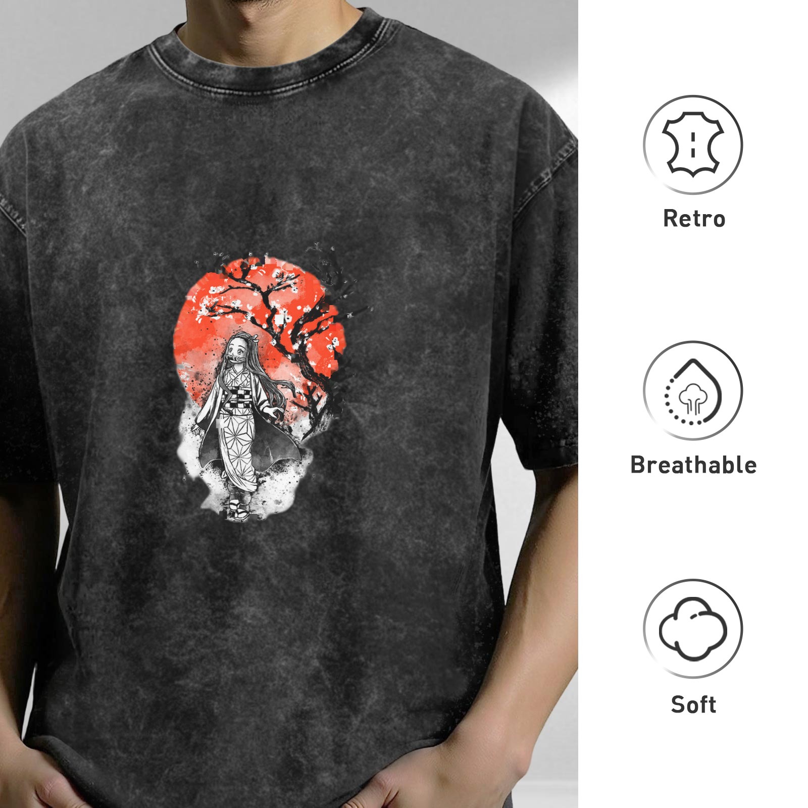 Oversized Vintage Wash Anime Graphic T-Shirt featuring Nezuko Kamado with Red Sun and Cherry Blossom Tree Design