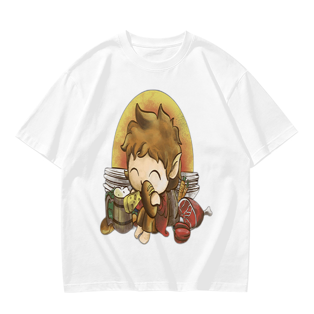 Chibi Hobbit Eating Bread Surrounded by Food T-Shirt