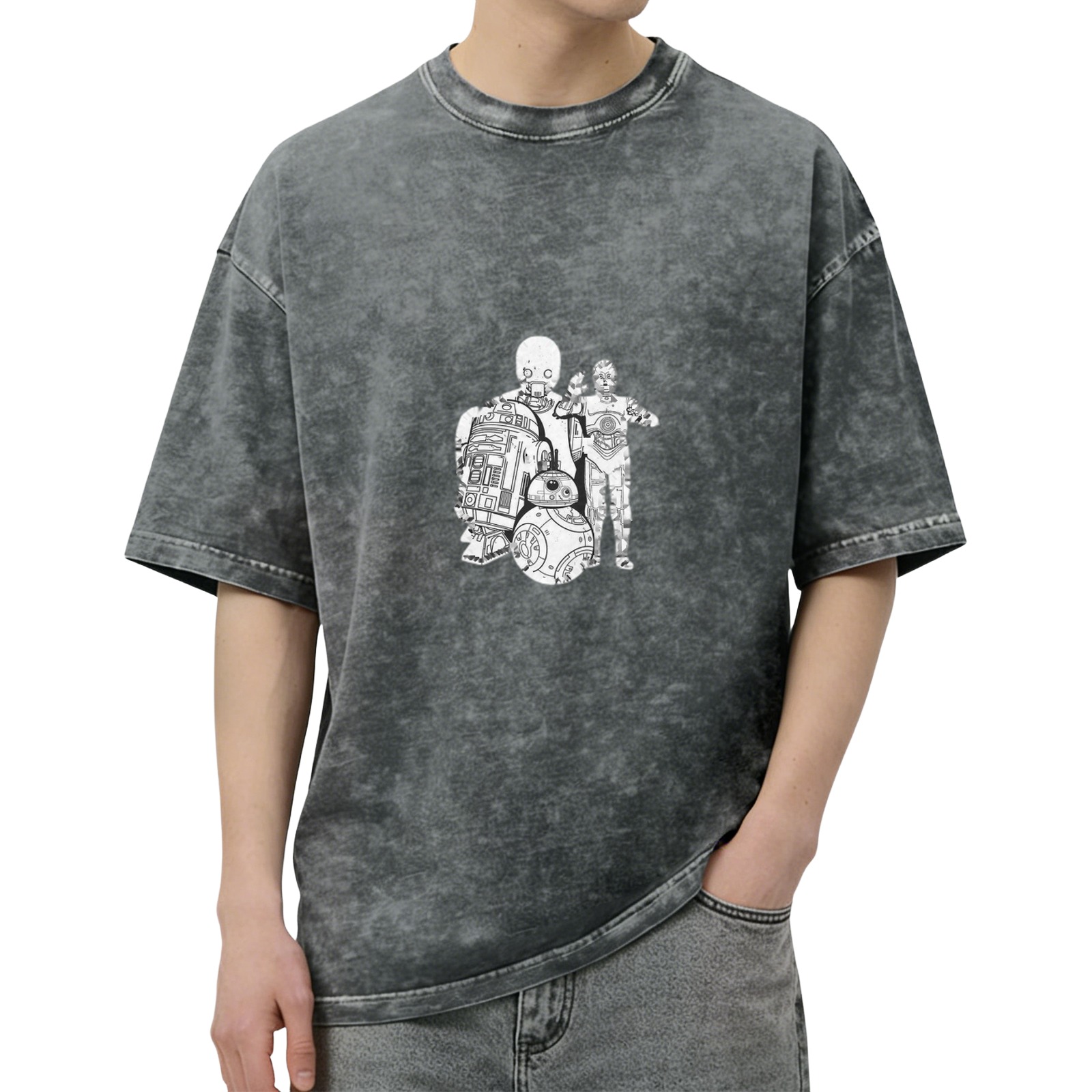 Star Wars Droids Graphic Black Acid Wash Oversized T-Shirt