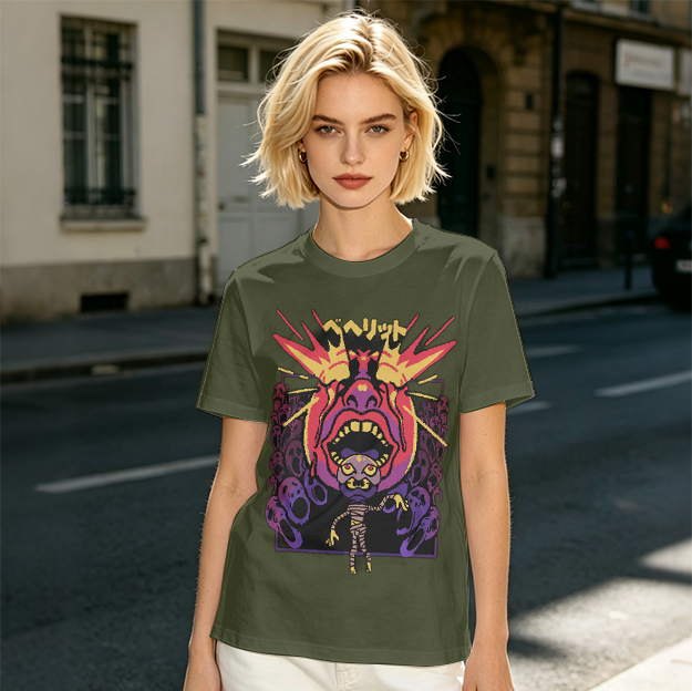 Olive t-shirt with surreal demon and ghost graphic print