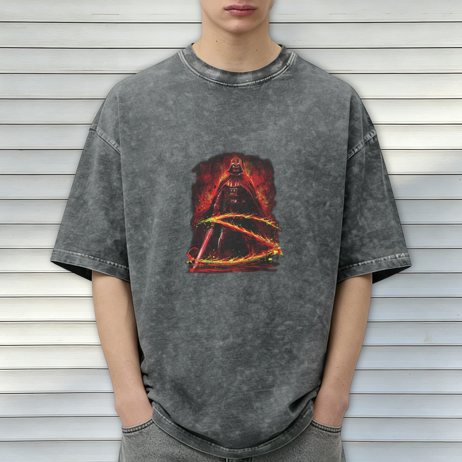 Oversized Dark Wash T-Shirt With Darth Vader Lightsaber Art