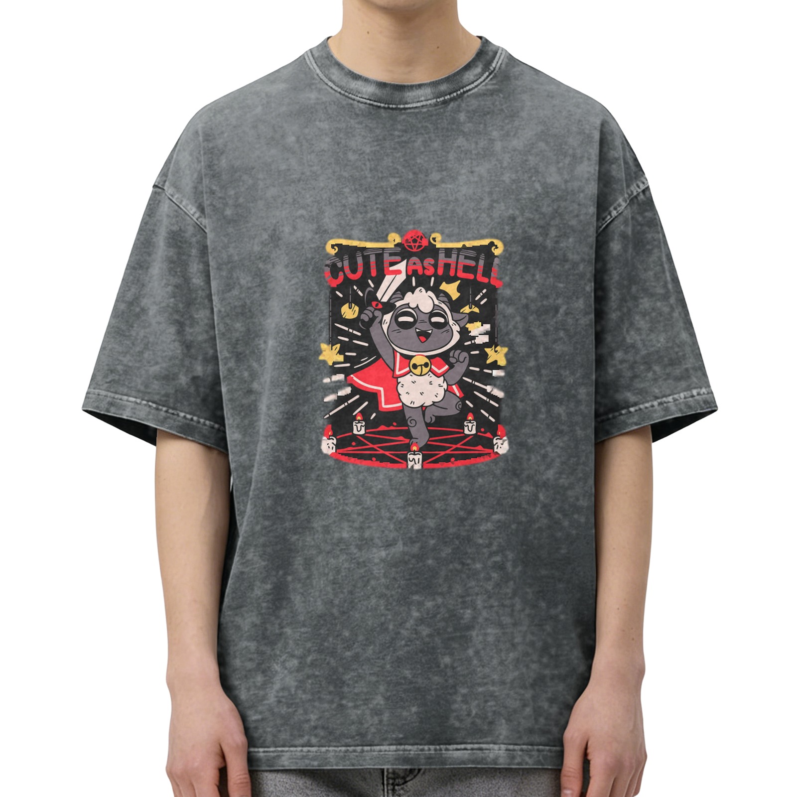 Washed black graphic t-shirt with cute hellish sheep design