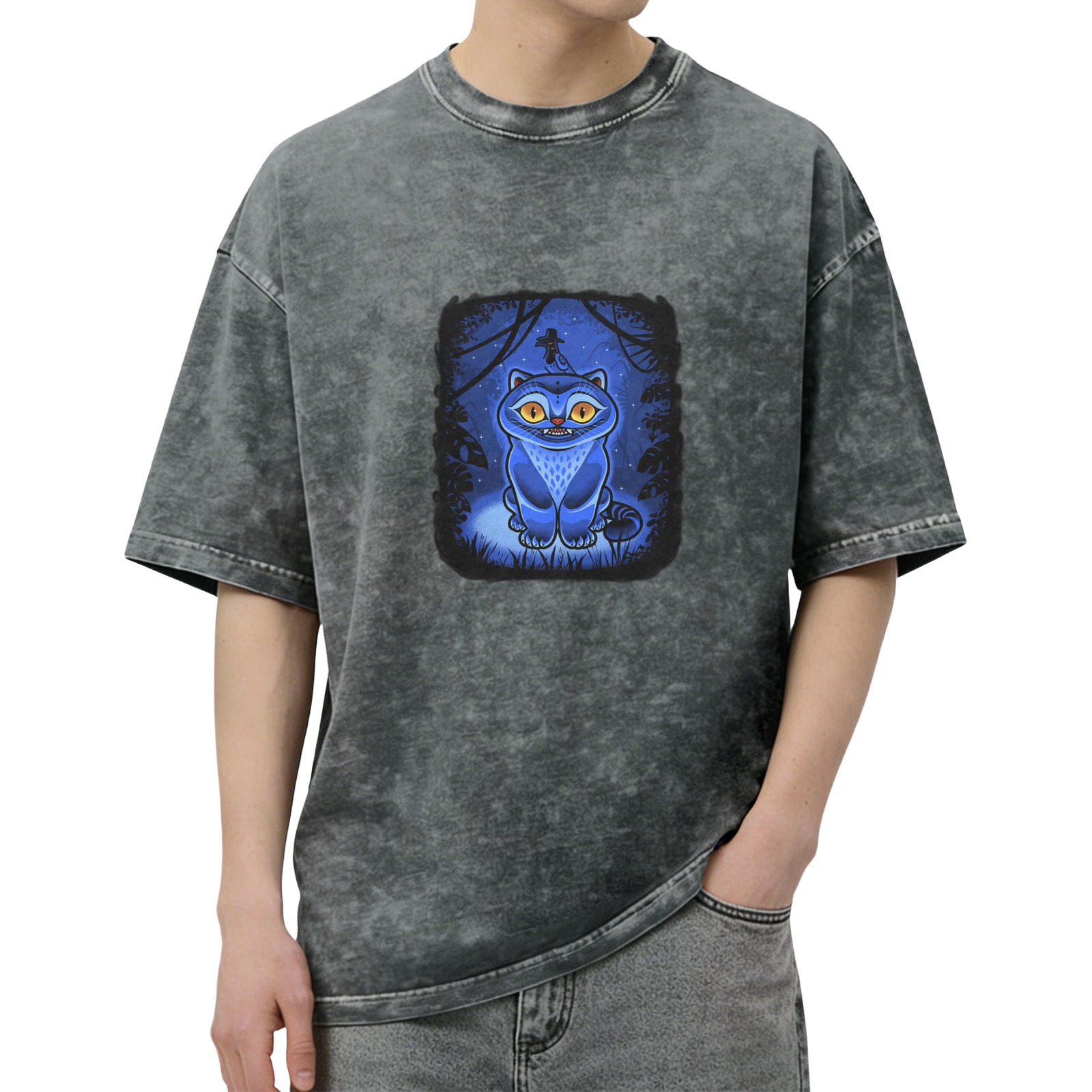 oversized black acid wash t-shirt with blue fantasy cat graphic