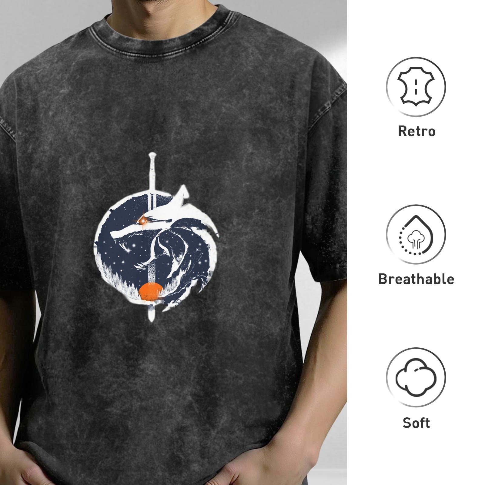 Distressed washed black round neck short-sleeved T-shirt Wizard themed wolf and sword printed loose top
