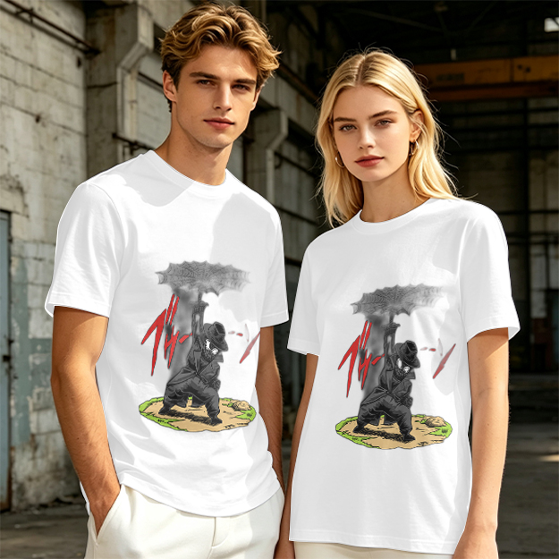 Olive T-shirt with Dark Umbrella-Wielding Character Graphic