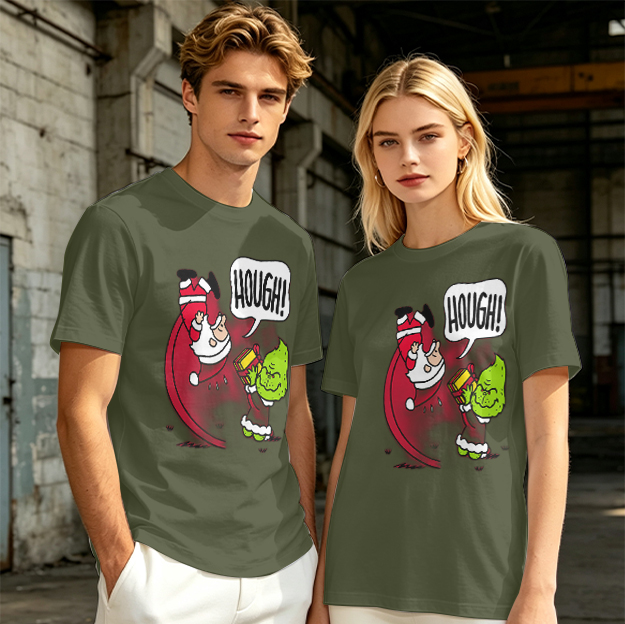 Olive Christmas T-Shirt With Grinch Lifting Santa Claus Print