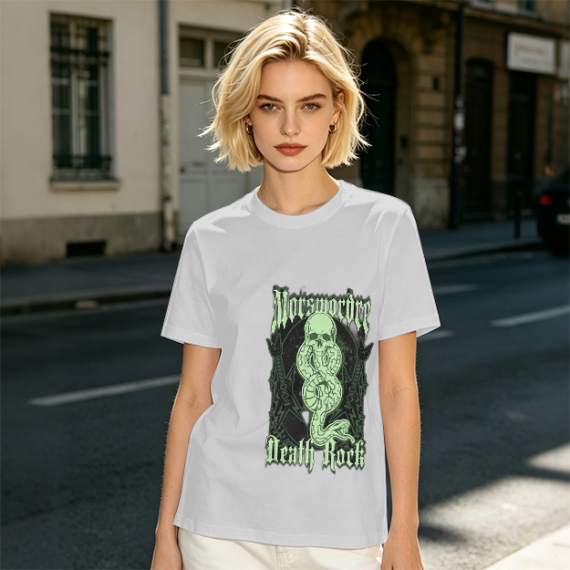 Olive graphic t-shirt with skull snake death rock design