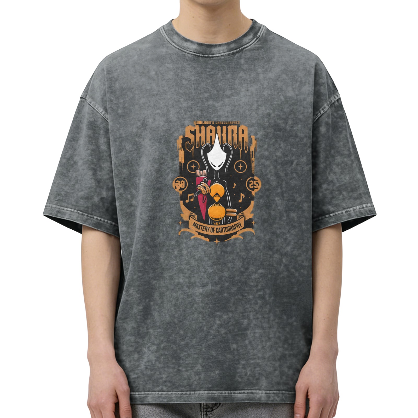 Oversized Acid Wash T-Shirt with Hollow Knight Style Shade Mastery of Cartography Print