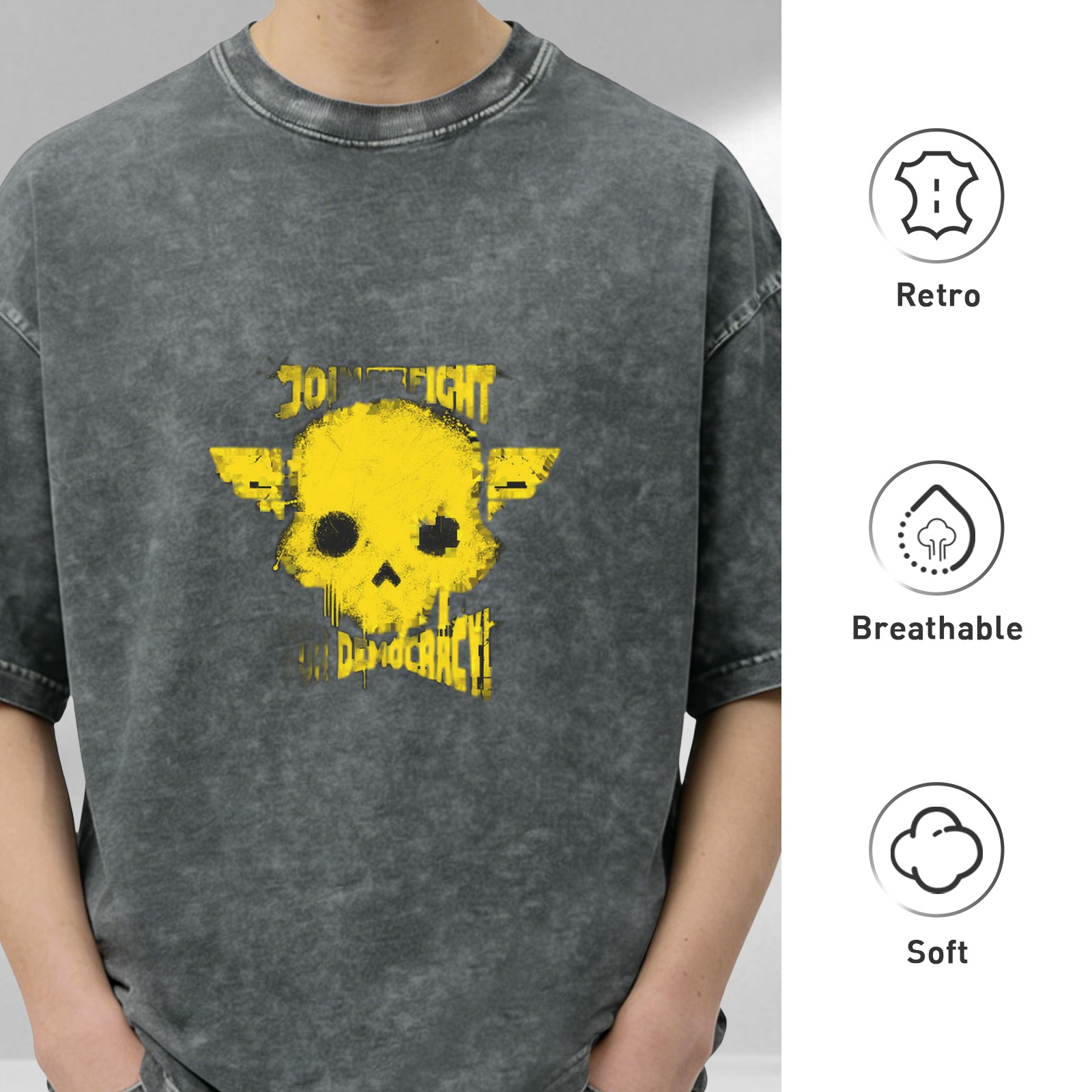 Distressed washed black short-sleeved T-shirt Hellraiser 2 Join Fight Democracy skull printed loose top