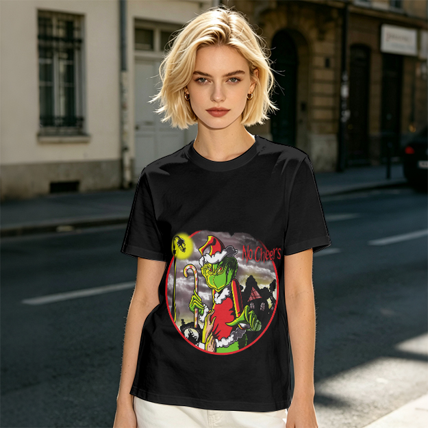 Olive T-shirt with Grinch 'No Cheers' Christmas Graphic Print