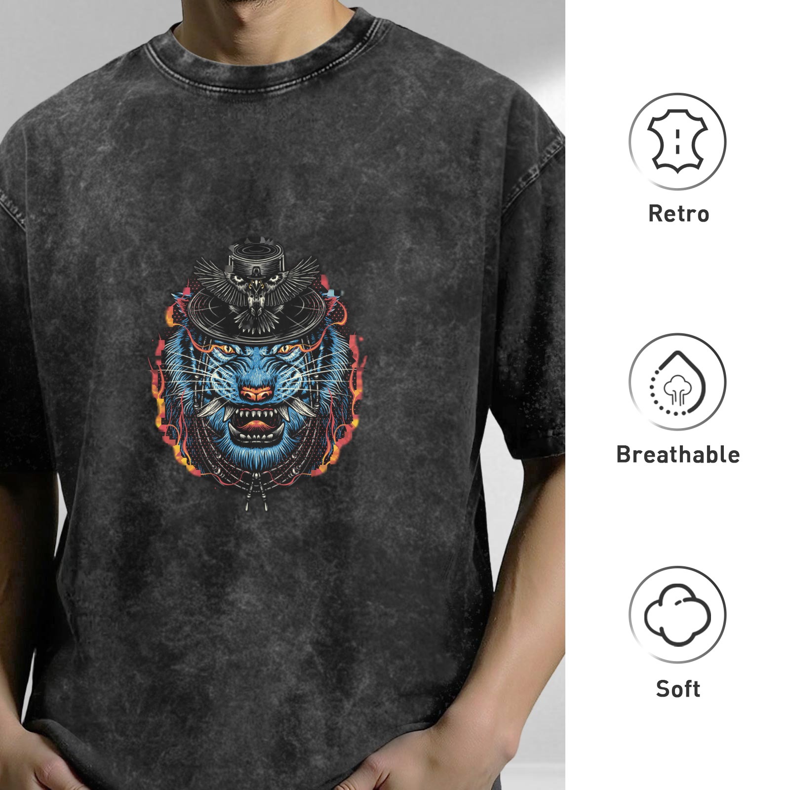 Washed Black Graphic T-Shirt With Blue Tiger Owl Hat Print