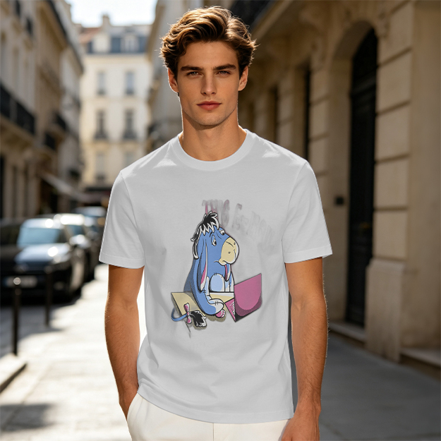 Olive T-Shirt Featuring Eeyore Using a Laptop