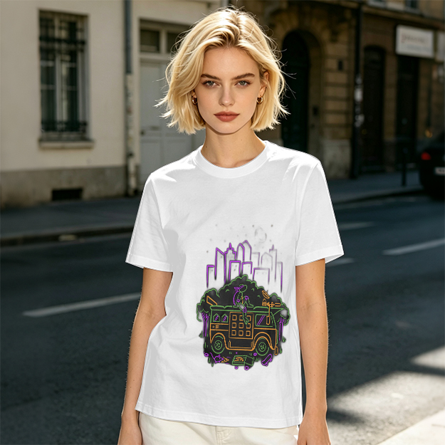 Olive T-Shirt With Neon City Bus Graphic Design