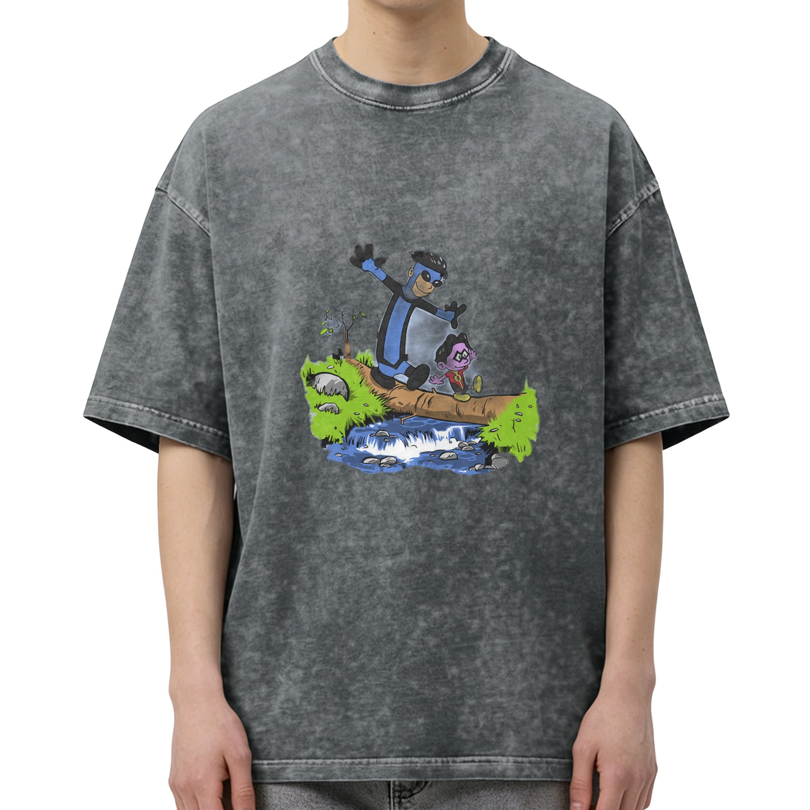 Oversized acid wash t-shirt with cartoon characters crossing a log over a stream