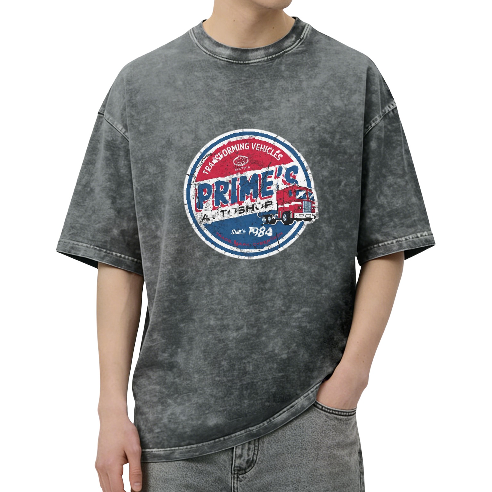 Oversized Vintage Wash T-Shirt with 'Prime's Auto Shop Transforming Vehicles' Graphic Print