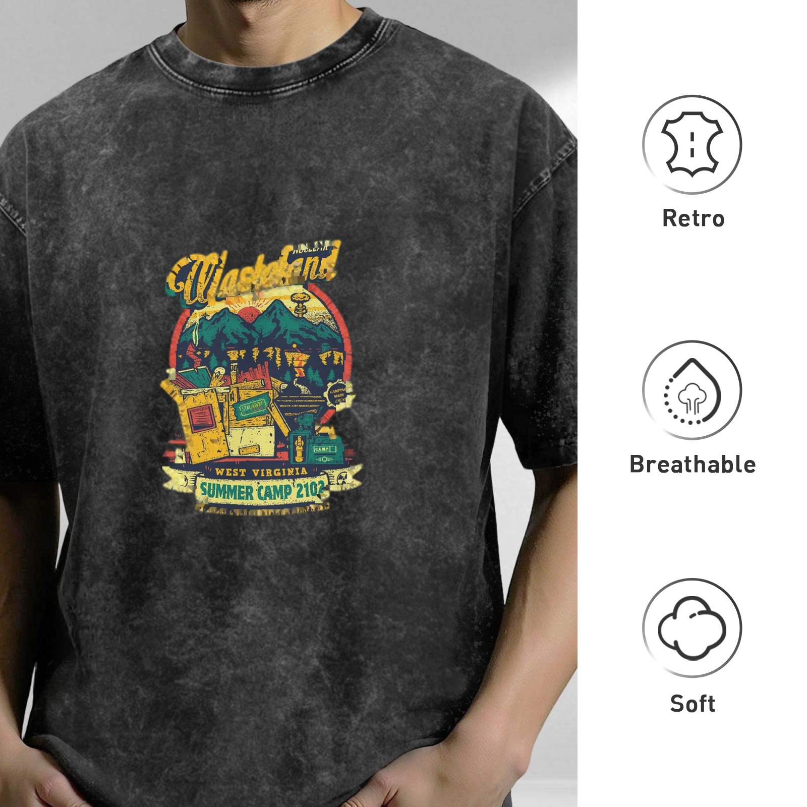 Distressed washed black wasteland style themed printed short-sleeved T-shirt Wasteland Paradise Summer Camp 2102 theme West Virginia summer casual top