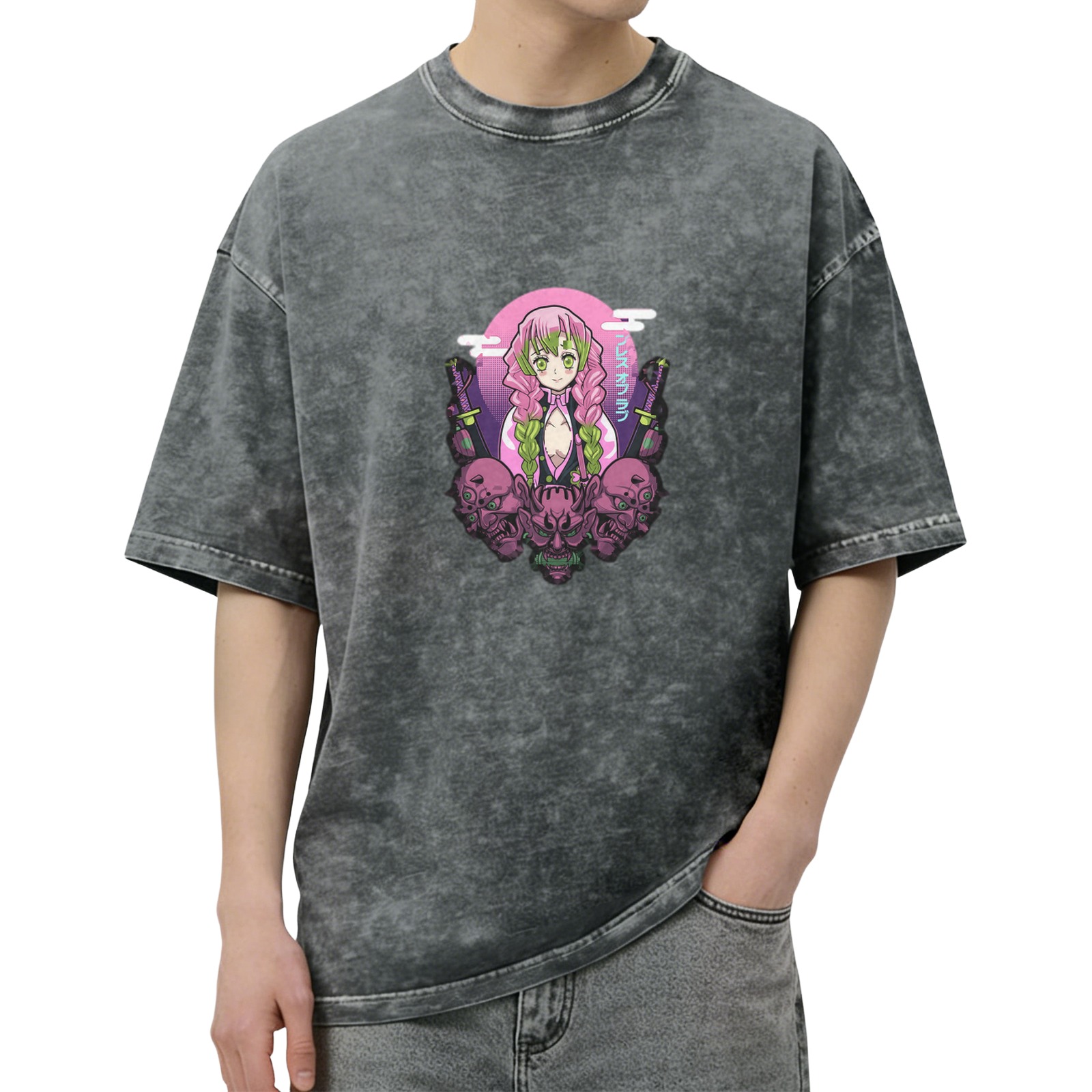 Oversized Acid Wash T-Shirt with Anime Demon Slayer Character Print