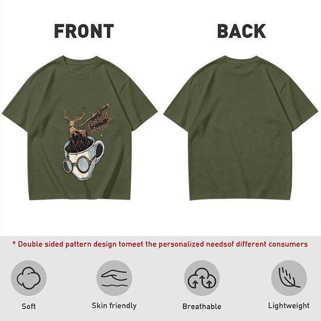 Olive T-Shirt with Espresso Patronum Deer Coffee Cup Art