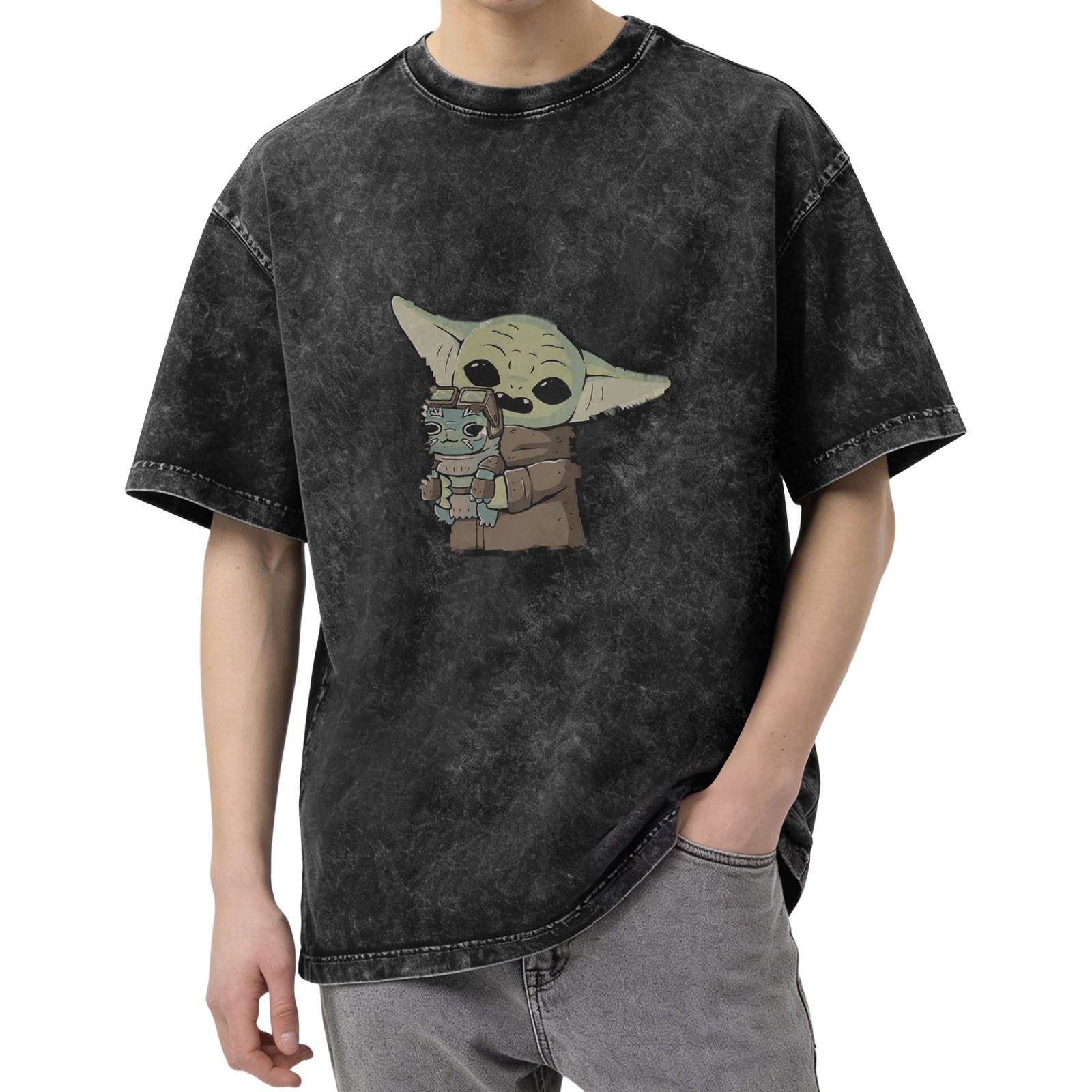 Washed black graphic t-shirt featuring Baby Yoda holding a small alien character