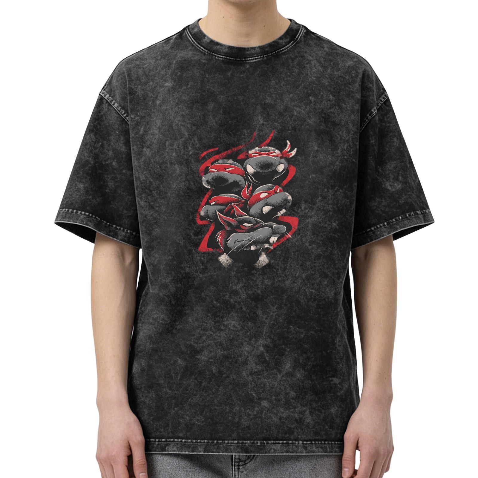 Washed Black T-Shirt With Ninja Turtle Graphic Print