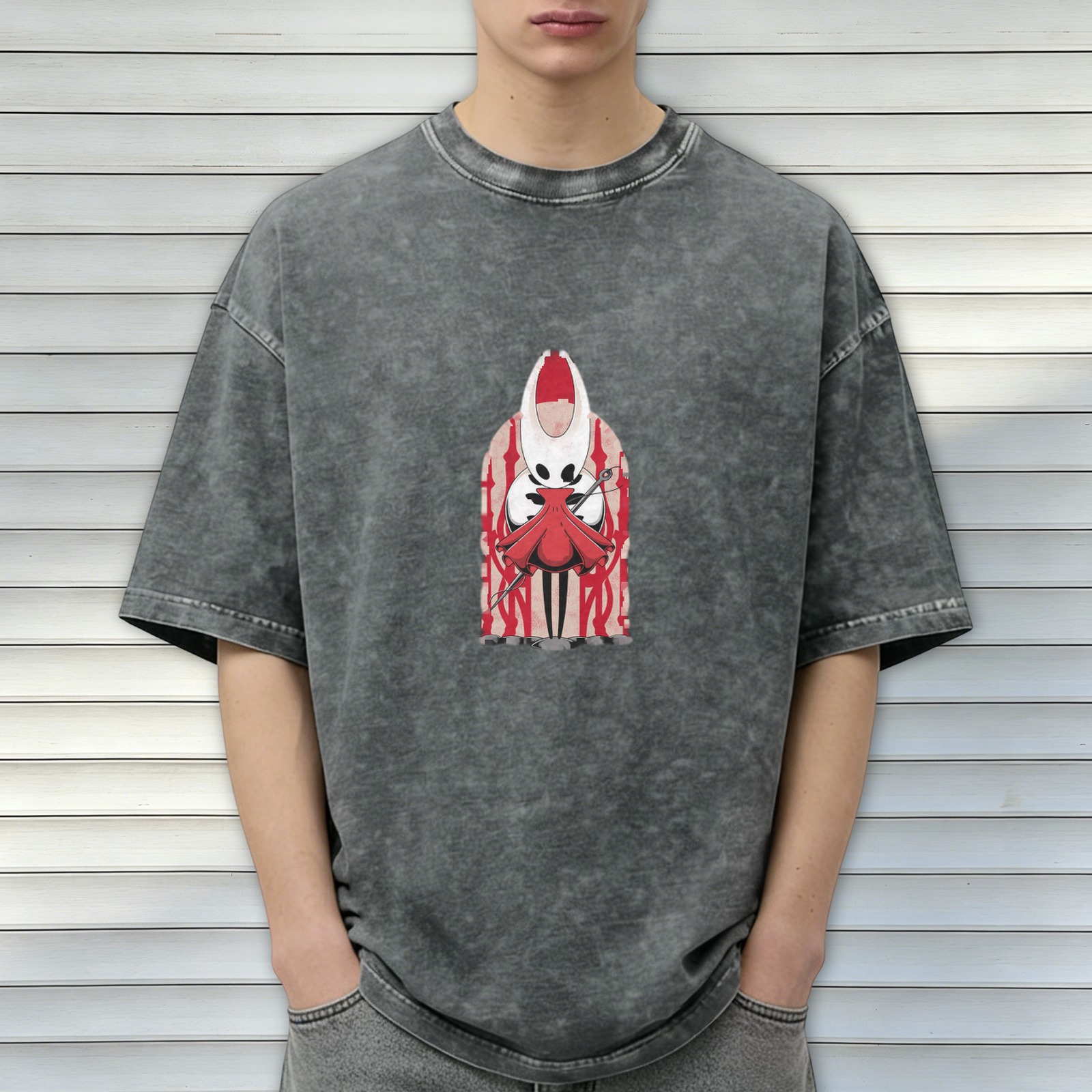Hollow Knight themed distressed washed black loose short-sleeved T-shirt