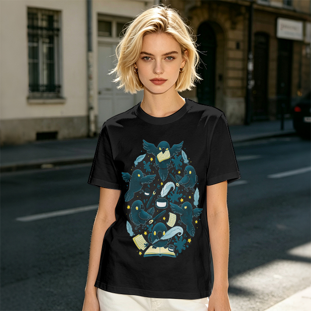 Olive T-Shirt With Whimsical Crow And Stationery Print