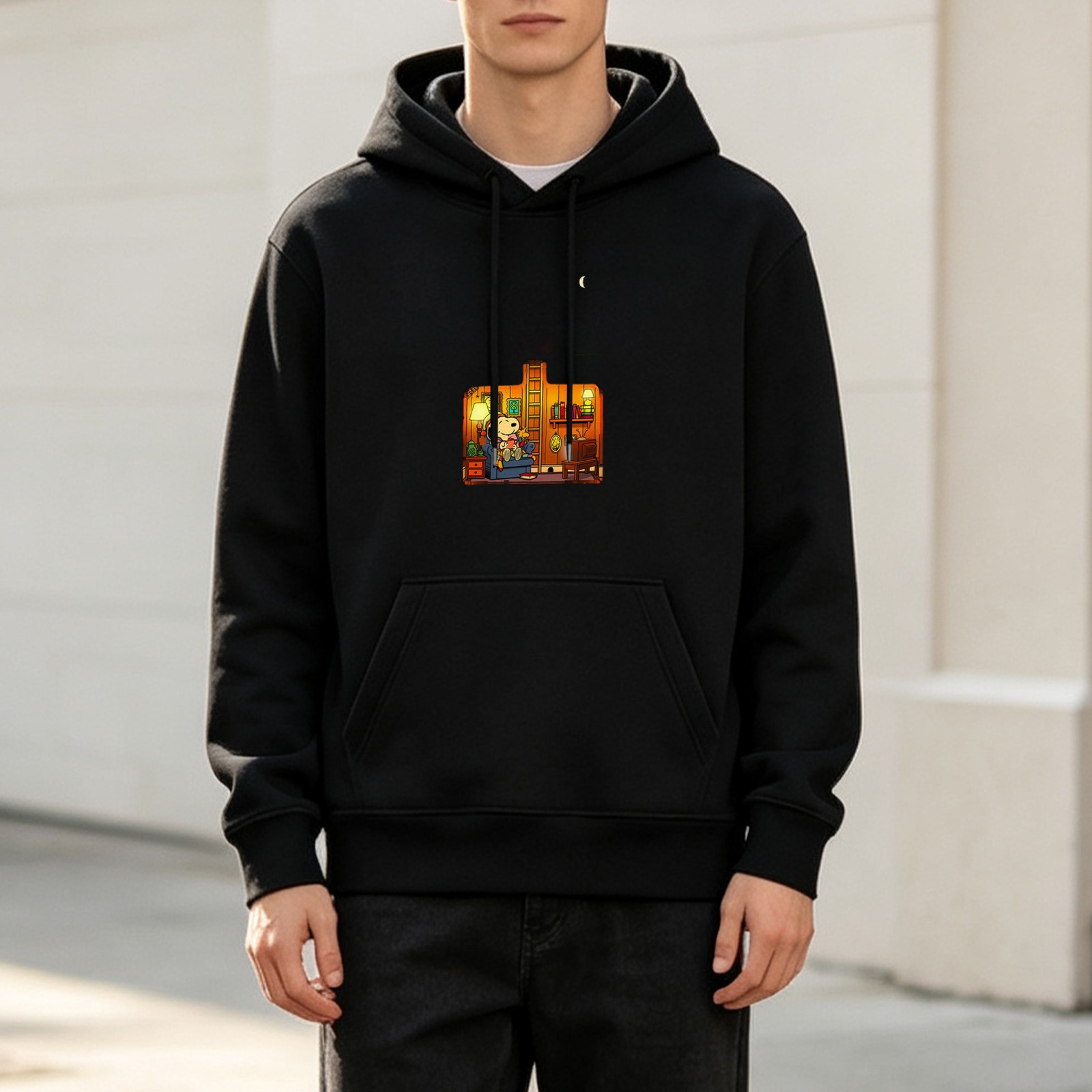 Black Hoodie With Cozy Cartoon Room Scene Print