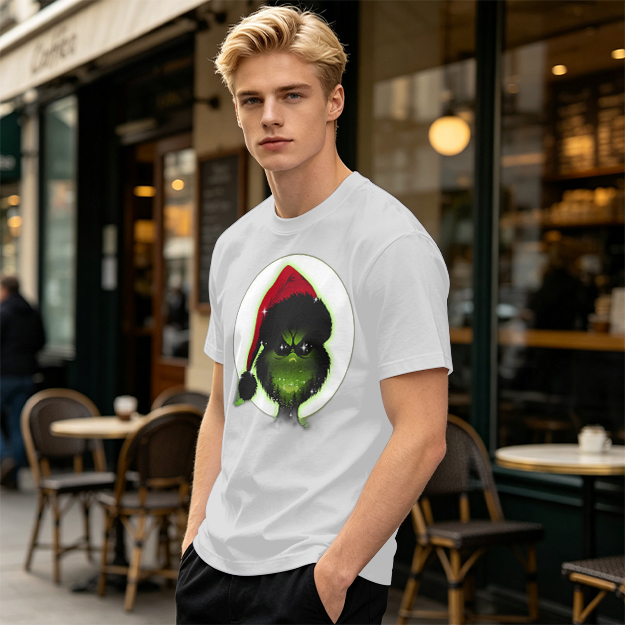 Olive Green T-Shirt With Grinch Wearing Santa Hat Graphic