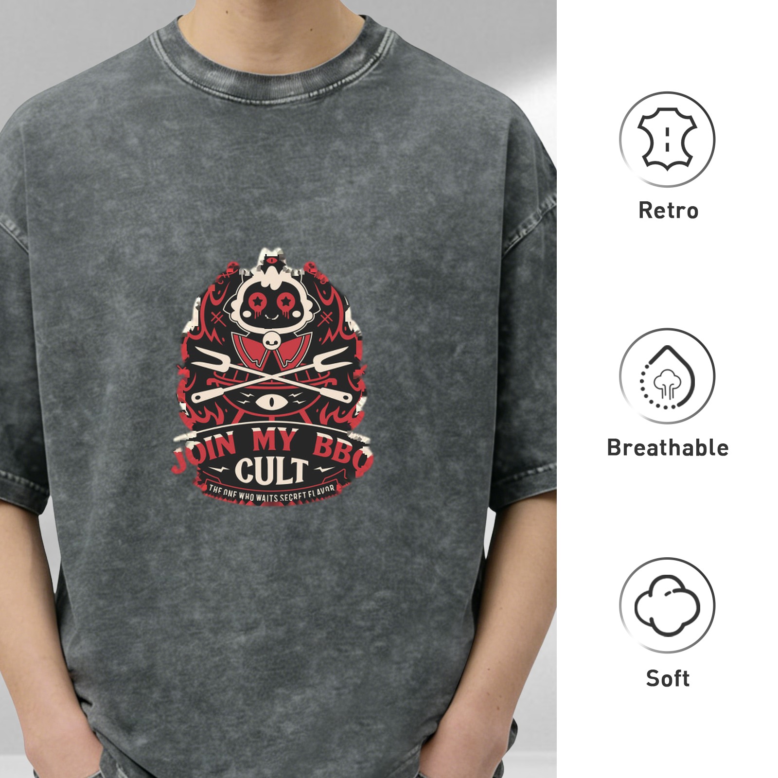 Washed Black Graphic T-Shirt Join My BBQ Cult Design