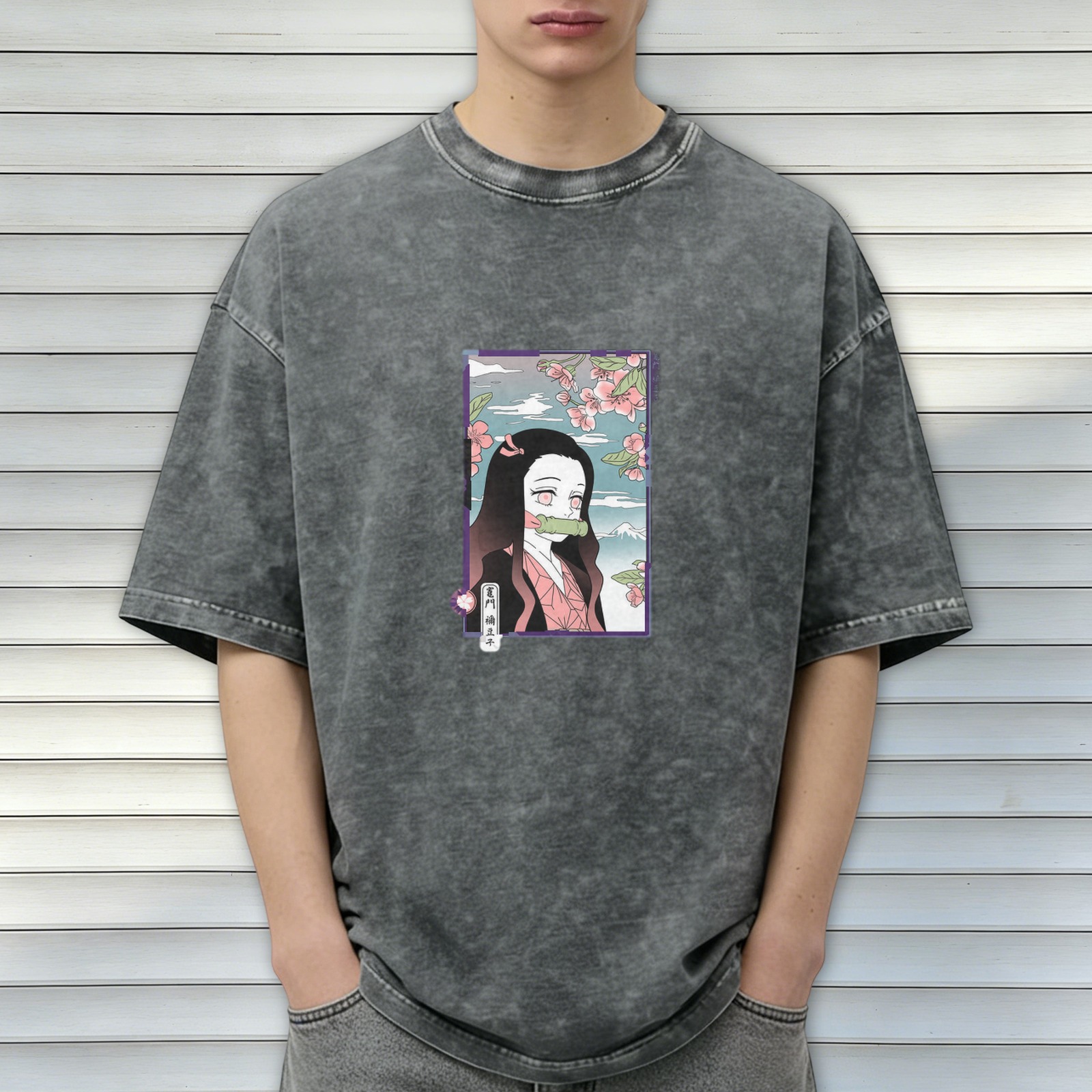 Demon Slayer: Kimetsu no Yaiba Nezuko themed old washed black loose short-sleeved T-shirt