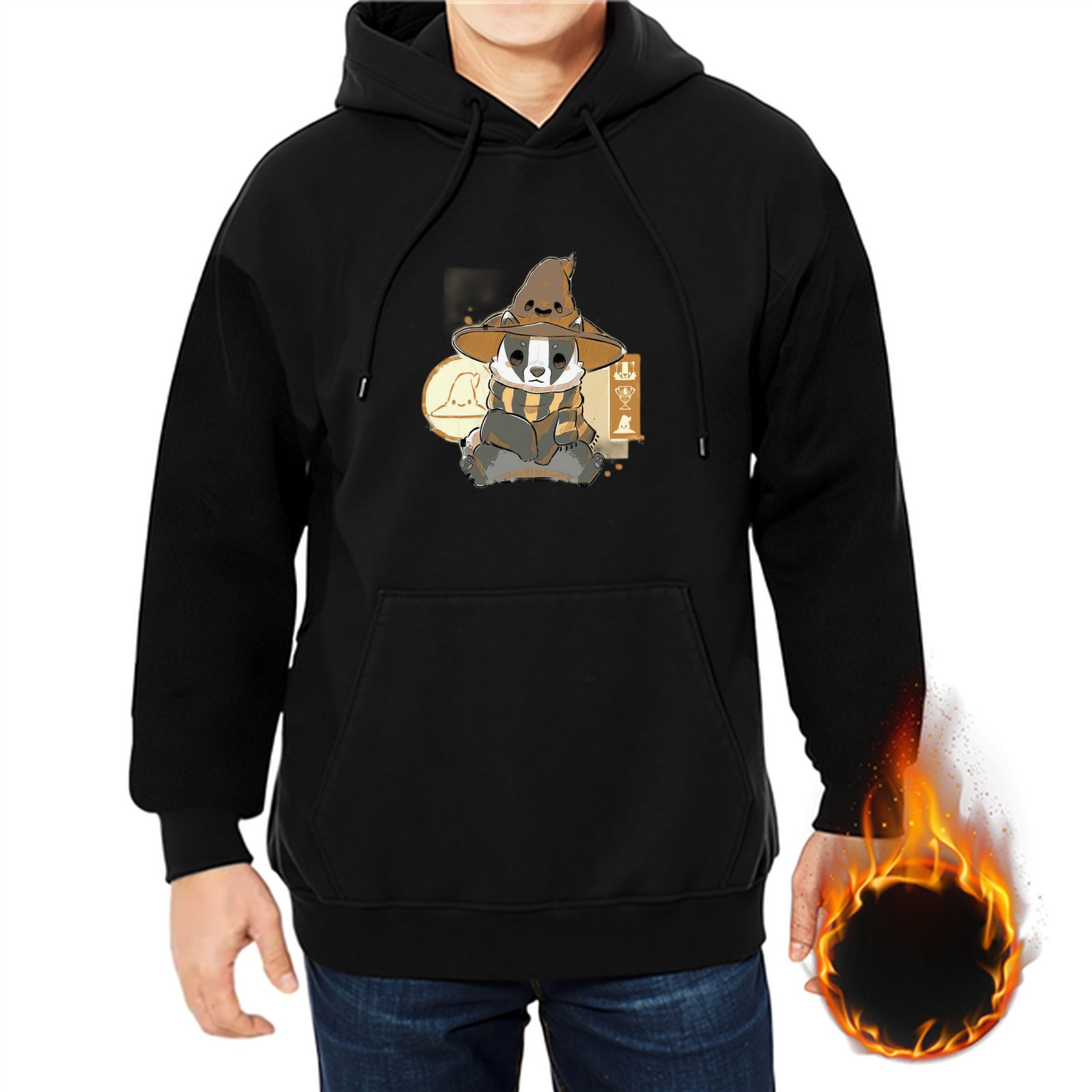 Black Hoodie With Cute Badger In Wizard Hat Graphic