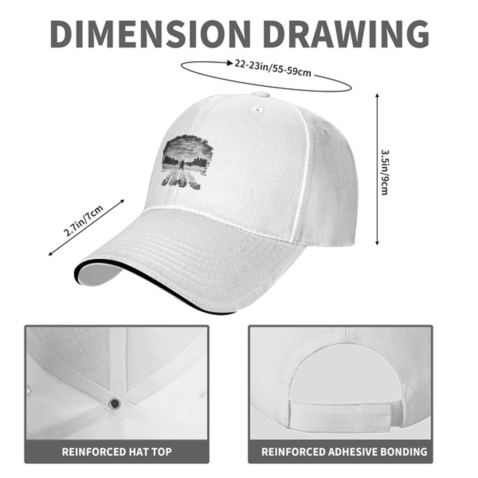 Black baseball cap with Punisher skull cityscape graphic
