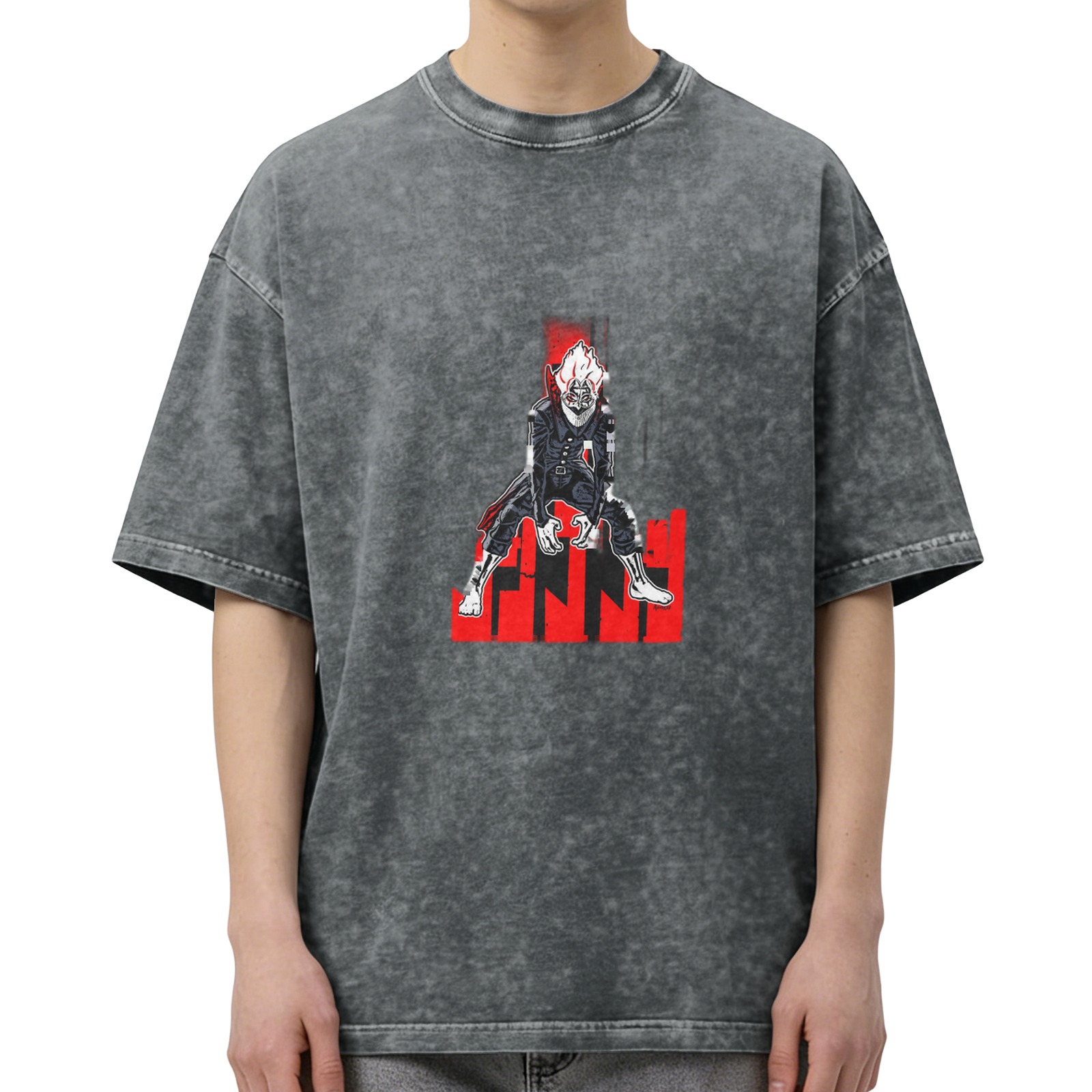 Oversized dark washed graphic t-shirt with anime villain print