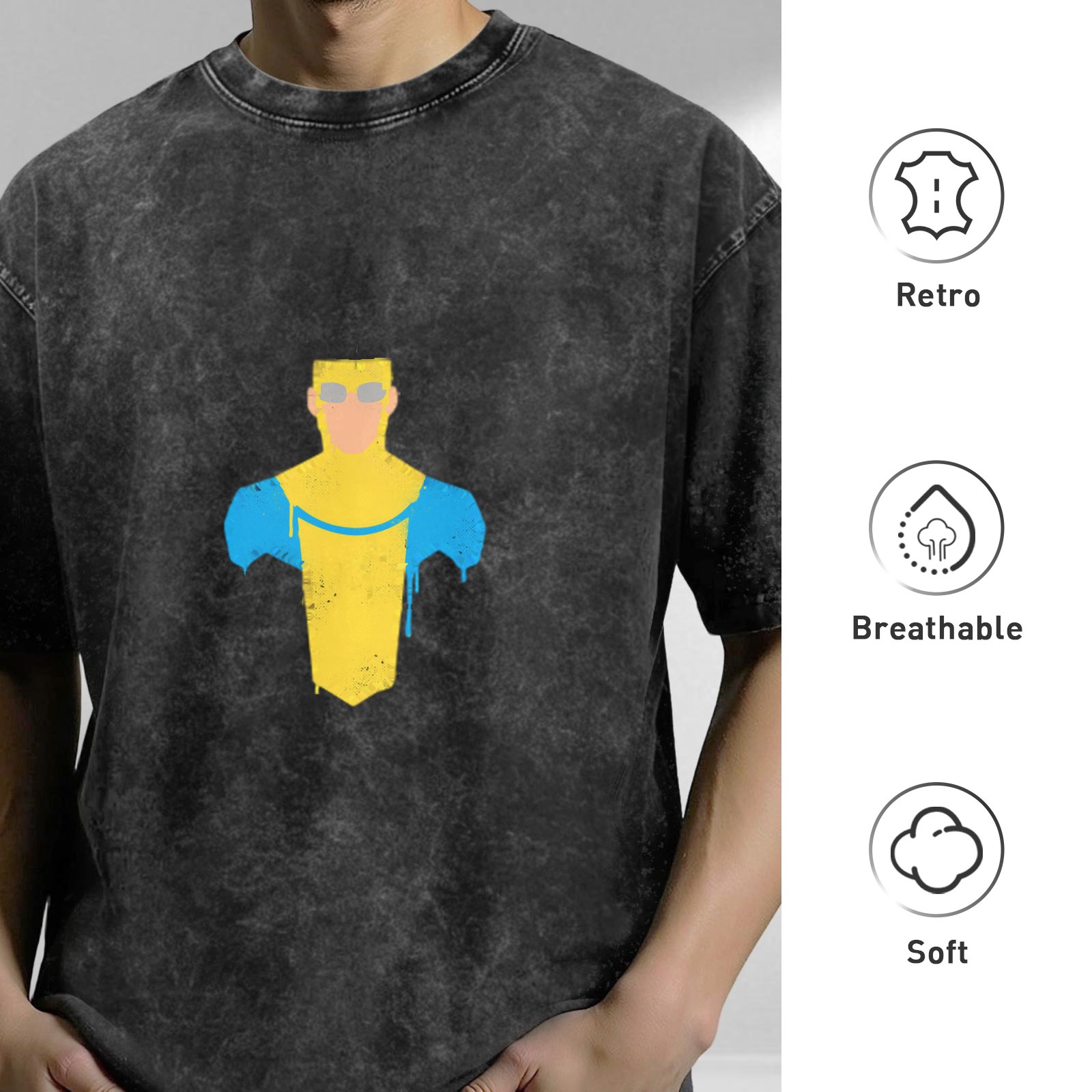 Distressed washed black loose short-sleeved T-shirt with minimalist superhero print on the chest