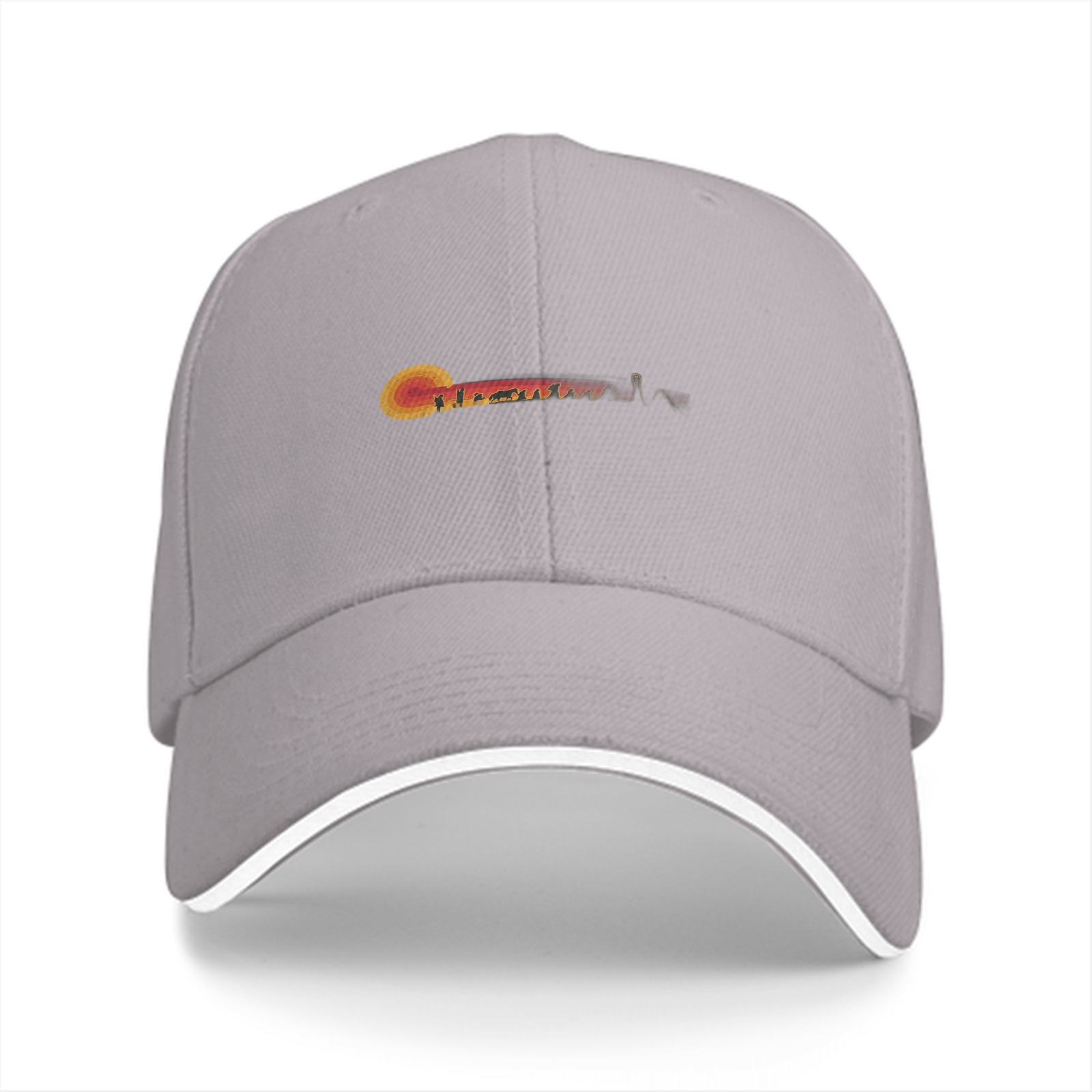 Black Baseball Cap with Sunset Landscape Graphic Design