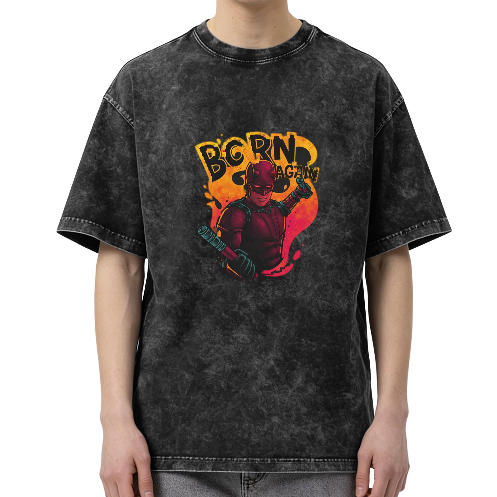 Oversized Dark Wash T-Shirt With Daredevil Born Again Graphic Print