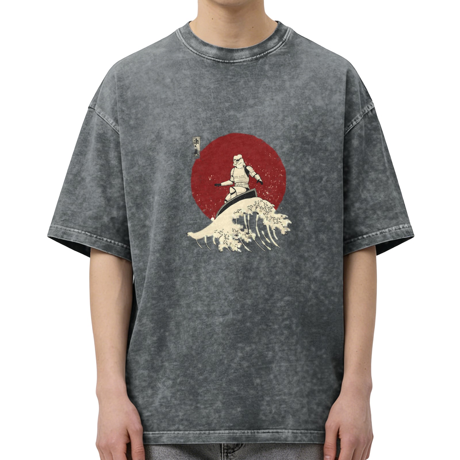 Oversized Stone-Washed Black T-Shirt with Surfer Stormtrooper & Great Wave Graphic Print