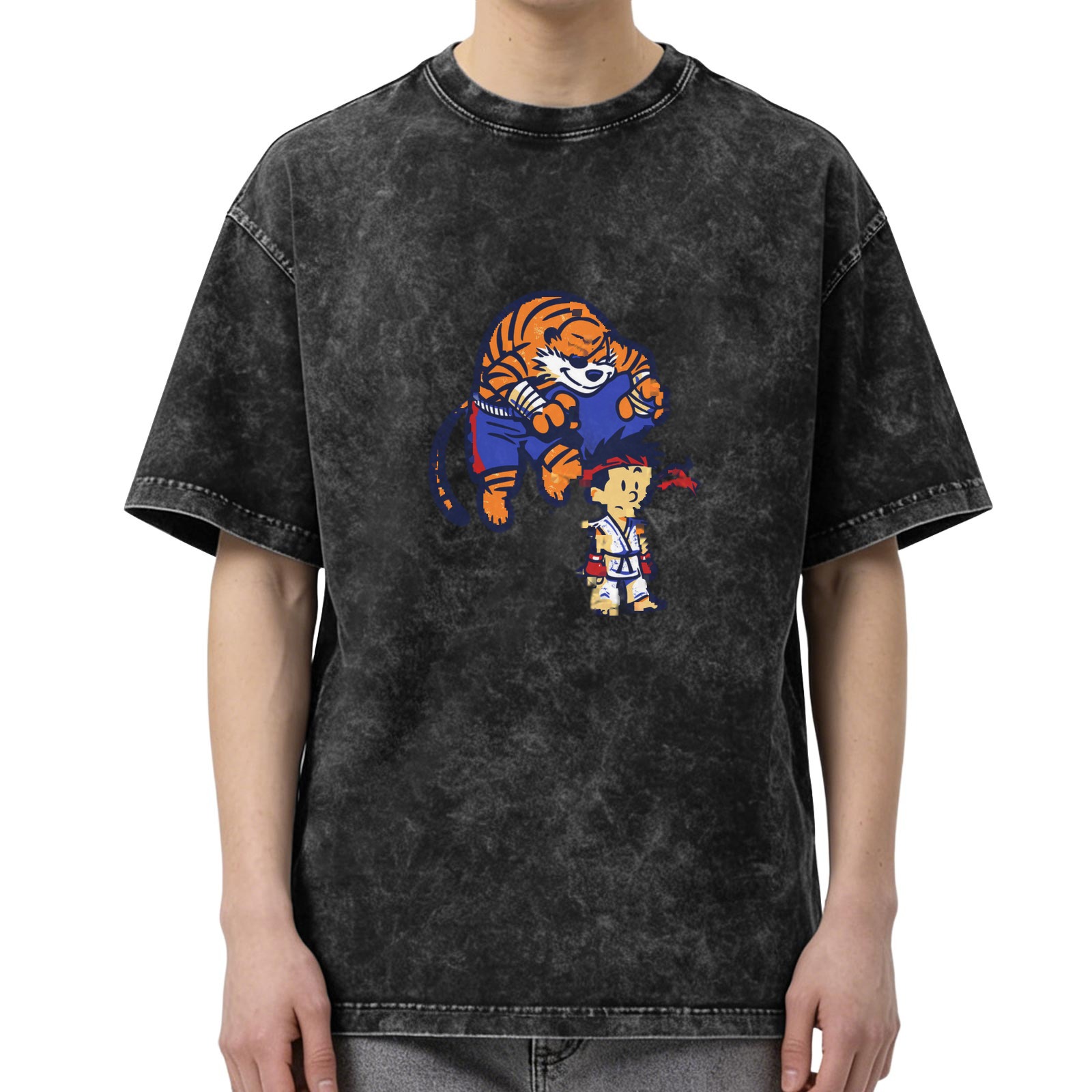 Oversized acid wash t-shirt with cartoon tiger and martial arts boy graphic