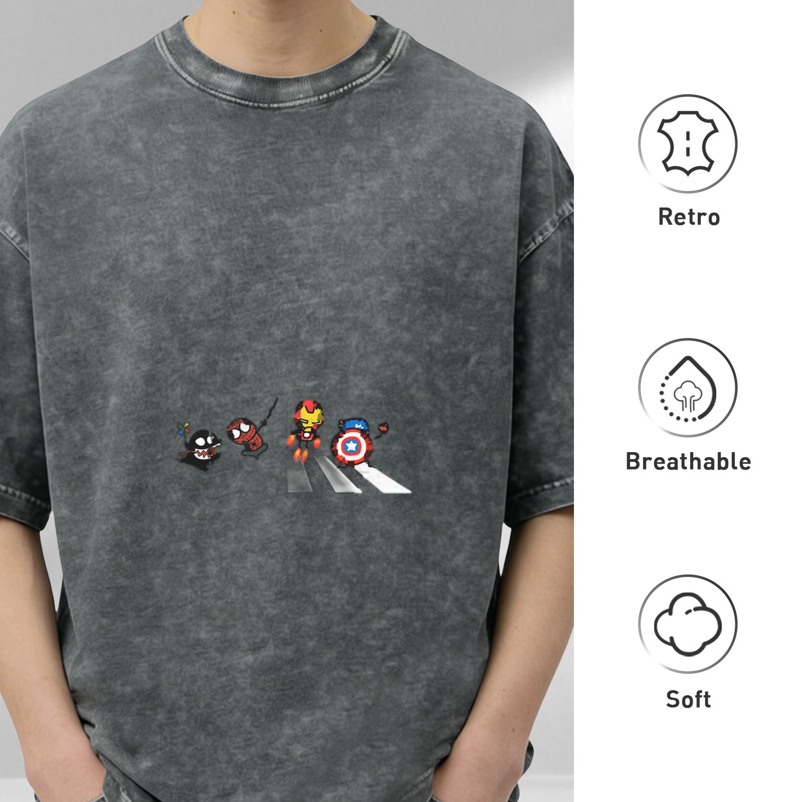 Oversized Dark Wash T-Shirt With Chibi Superheroes Crossing Crosswalk