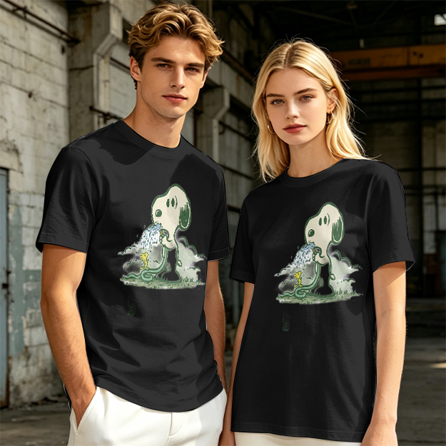 Olive T-shirt with Snoopy and Woodstock Watering Print