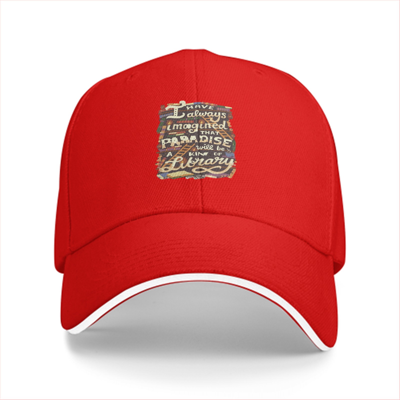 Black baseball cap with library paradise quote print