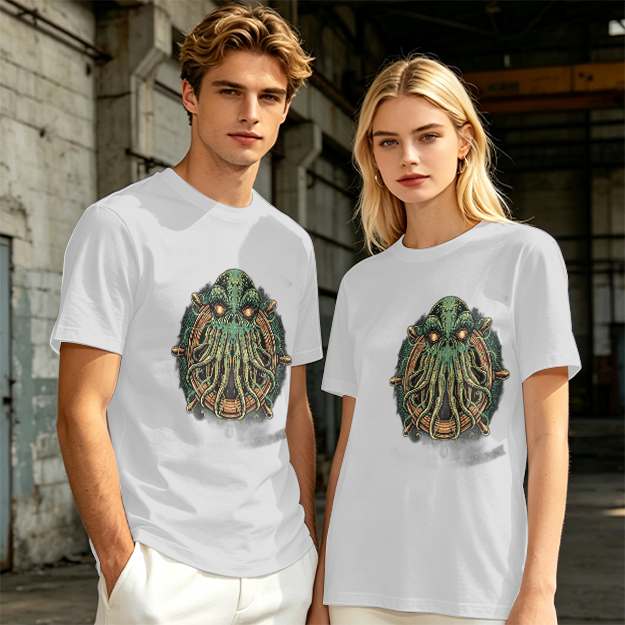 Olive Green T-Shirt With Cthulhu Ship Wheel Graphic