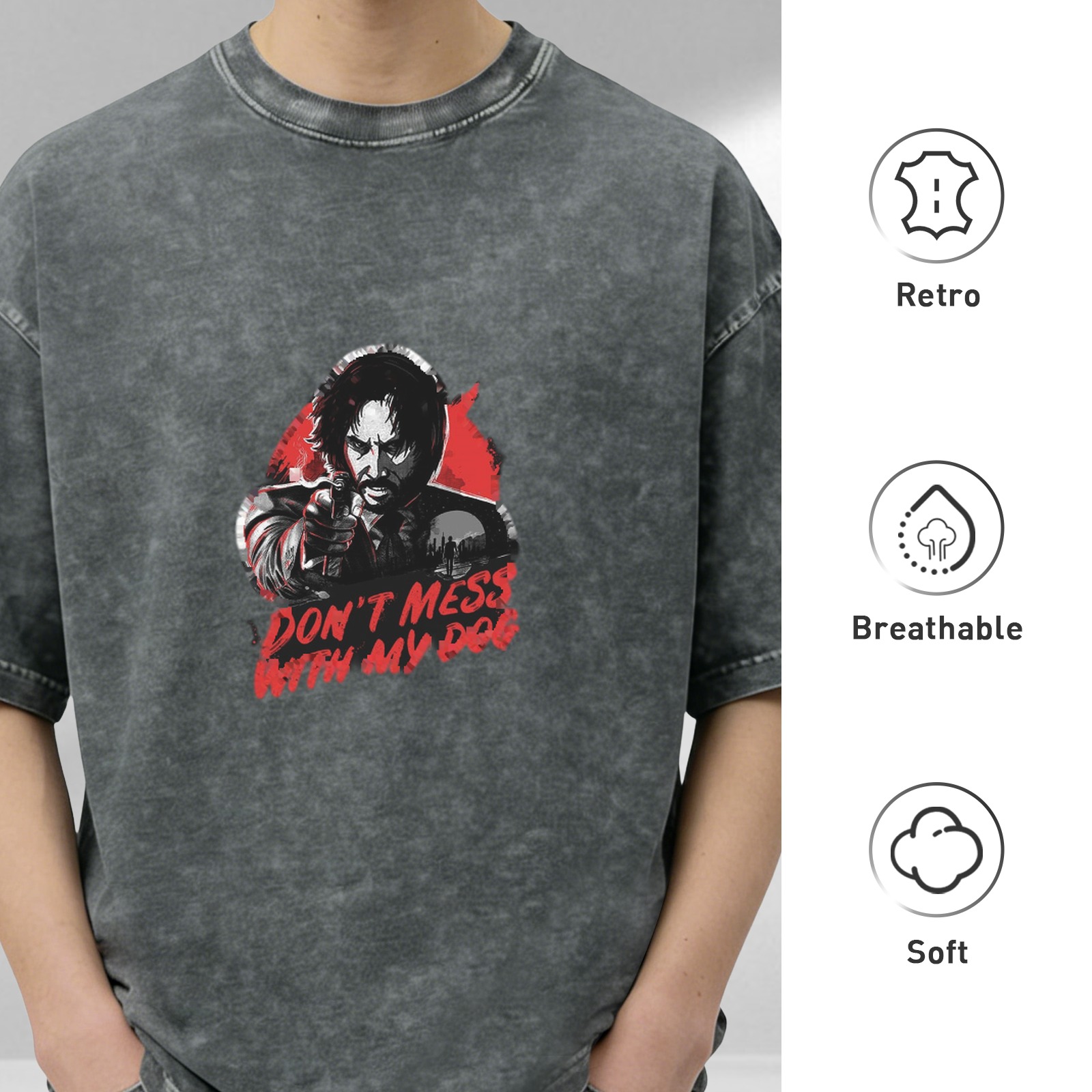 John Wick themed distressed washed black short-sleeved T-shirt Fun slogan 