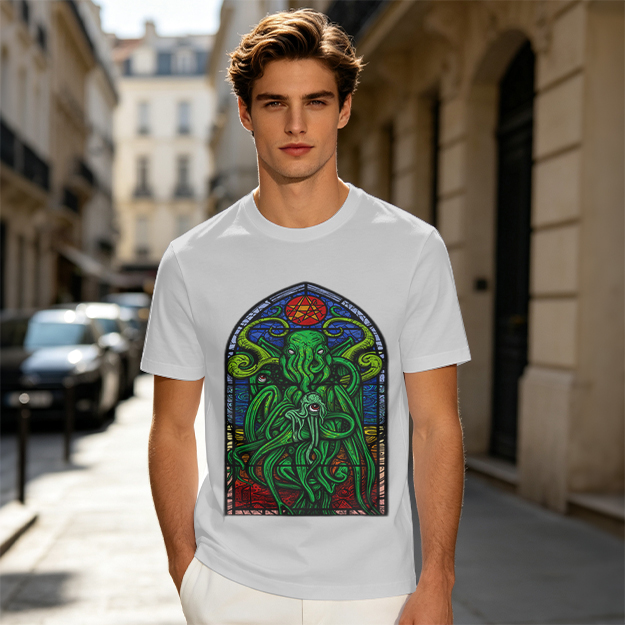 Olive T-Shirt with Cthulhu Stained Glass Style Graphic