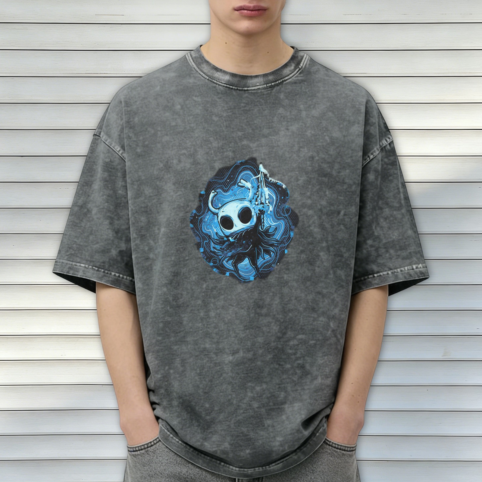 Oversized Dark Wash T-Shirt With Hollow Knight Blue Art Print