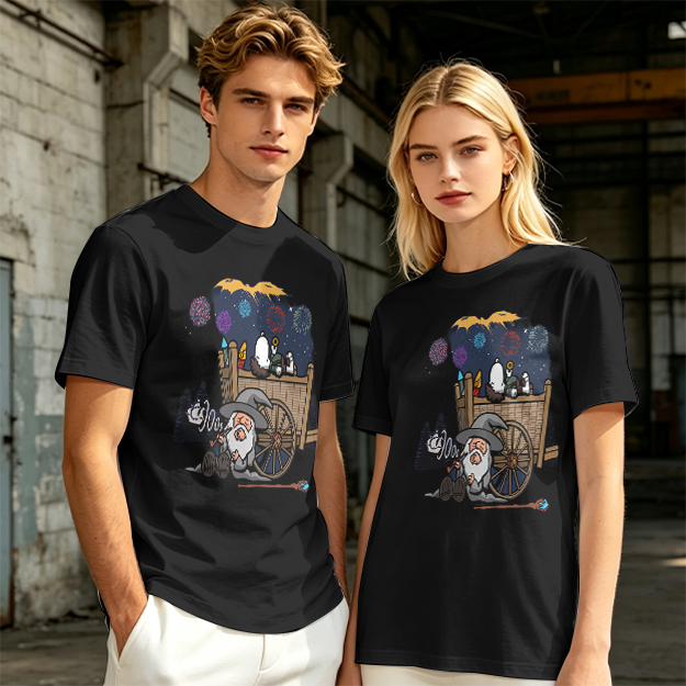 Olive T-Shirt with Wizard and Fireworks Cart Graphic