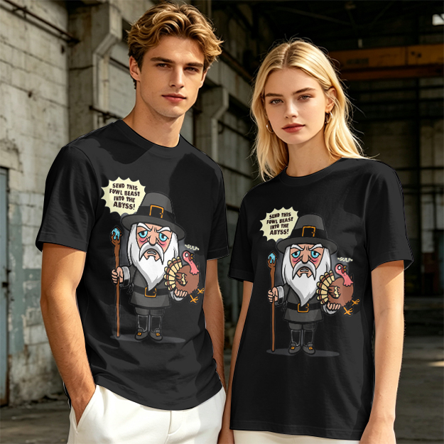 Wizard Pilgrim Holding Turkey Funny Thanksgiving T-Shirt Design