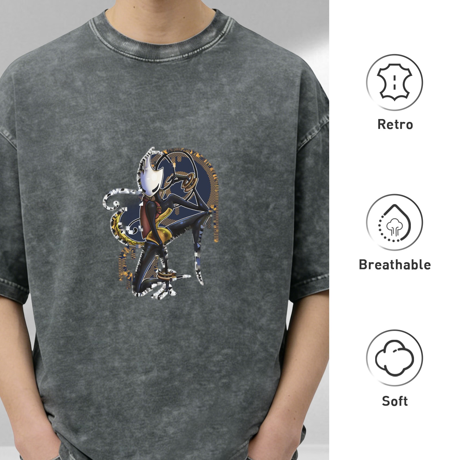 Washed Black Graphic T-Shirt with Fantasy Insect Warrior Art