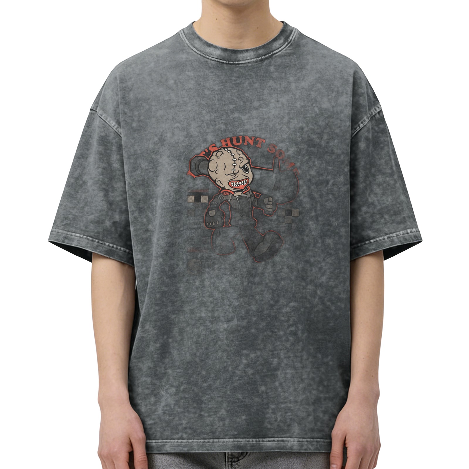 Washed Black Graphic T-Shirt With Stitched Horror Character Print