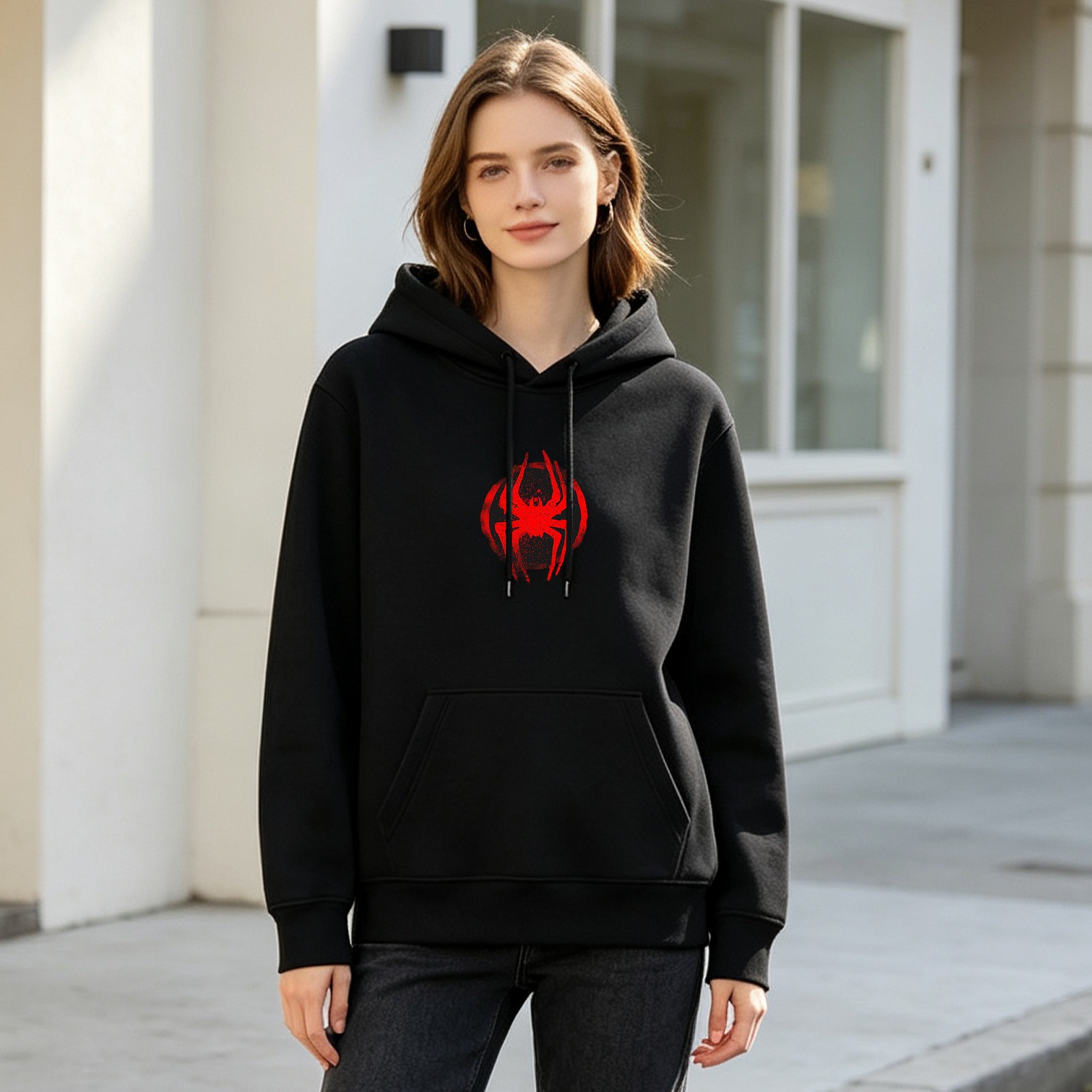 Black Hoodie With Red Spider Logo Design